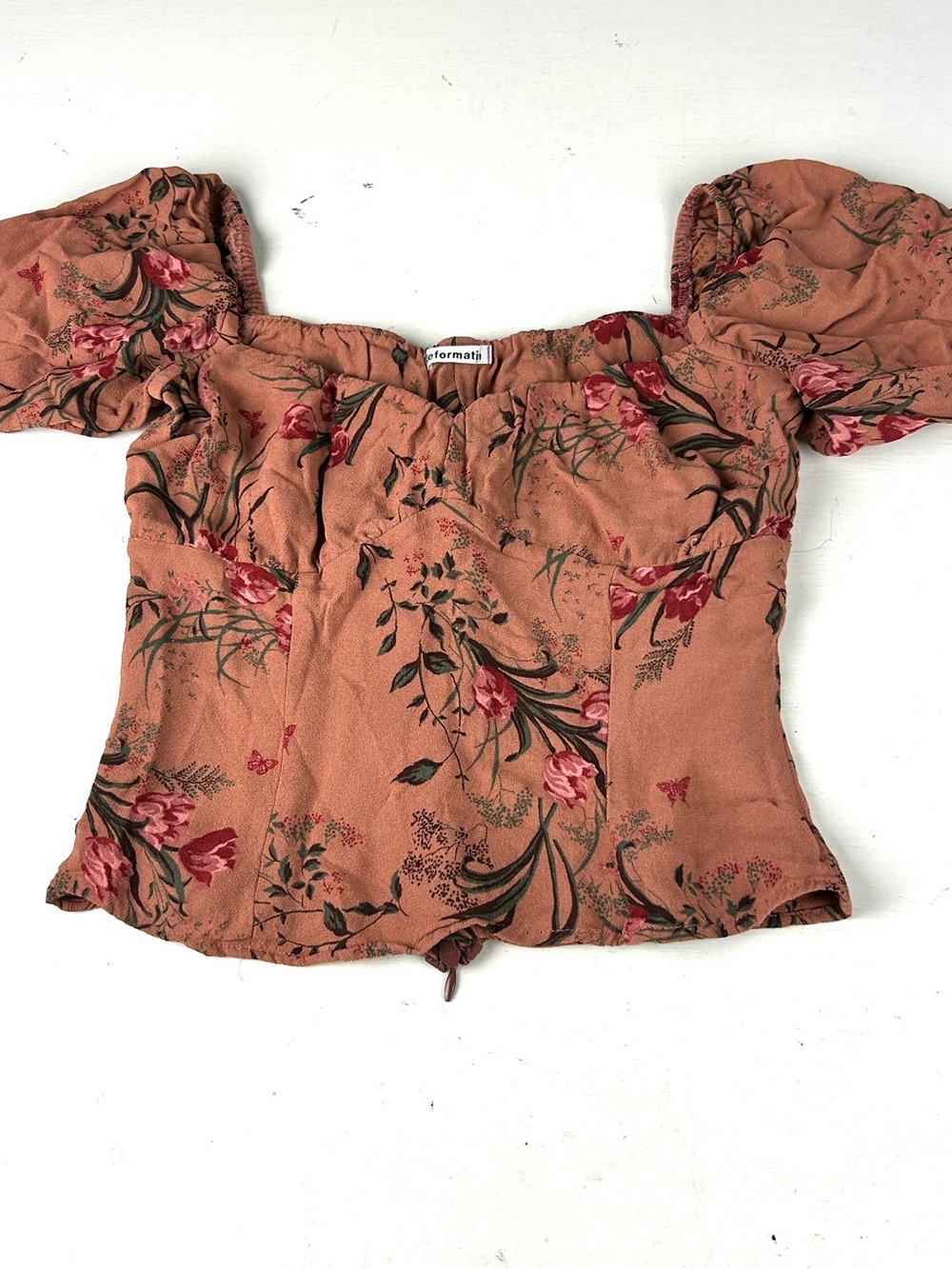 Reformation Boho Floral Blouse Crop Top Sz 6 Viscose Brown Short Sleeve
